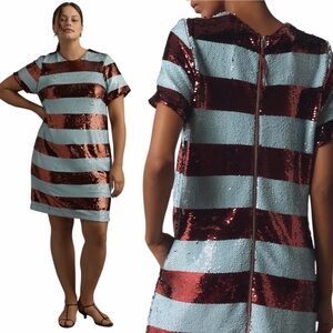 NWT! Anthropologie | Maeve Short-Sleeve Sequin Striped Mini
Dress. Size XXS.